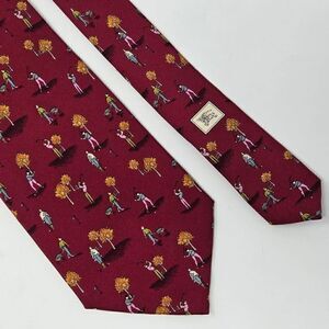 BURBERRY LONDON SILK TIE RED BURGUNDY AUTUMN FALL GOLF PATTERN 3.75" X 57"